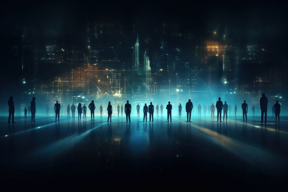 Digital people on dark background futuristic silhouette technology.
