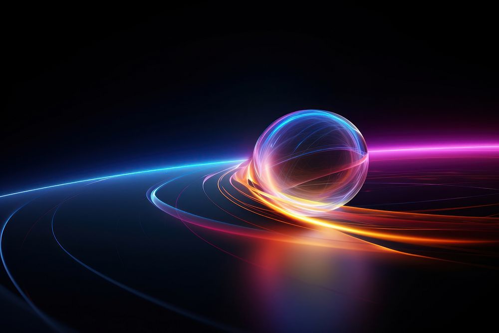 Glowing multicolored sphere trail on grey background futuristic technology abstract.