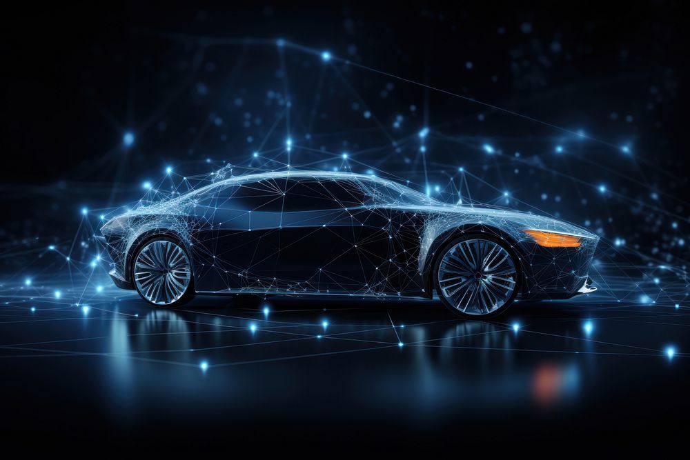 Plexus particles shaping modern car on dark background technology futuristic vehicle.