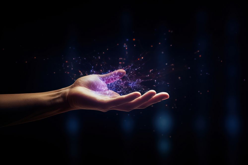 Plexus particles shaping hand on dark background futuristic technology finger.