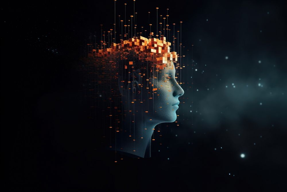3d dissolving human head made with cube shaped particles on dark background futuristic portrait light.