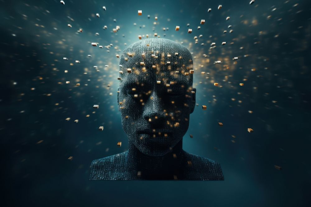 3d dissolving human head made with cube shaped particles on dark background futuristic portrait illuminated.