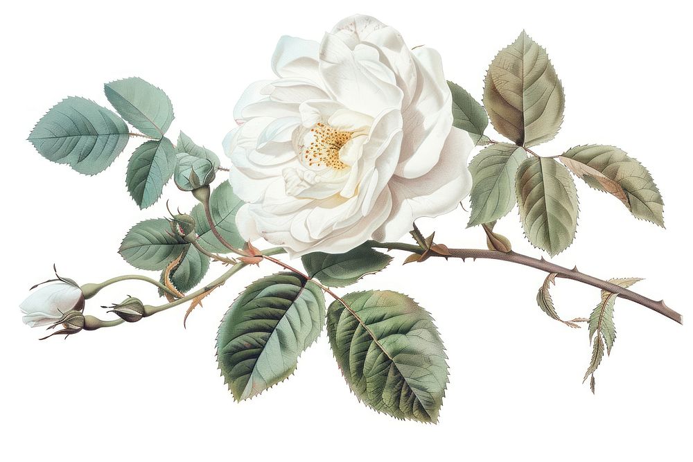 Botanical illustration white rose blossom flower plant.
