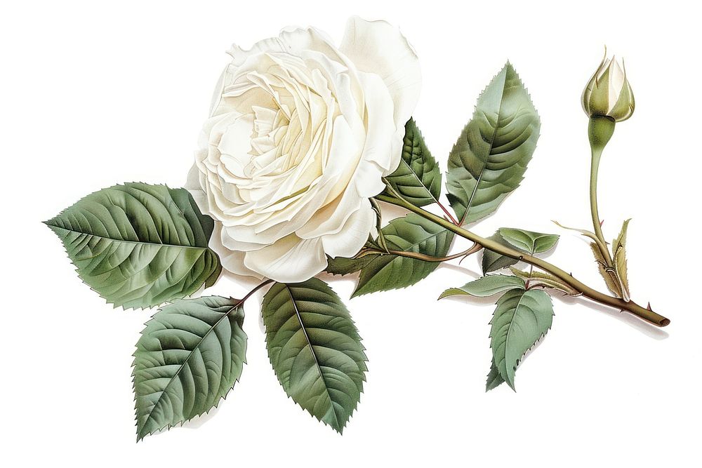 Botanical illustration white rose flower plant leaf.