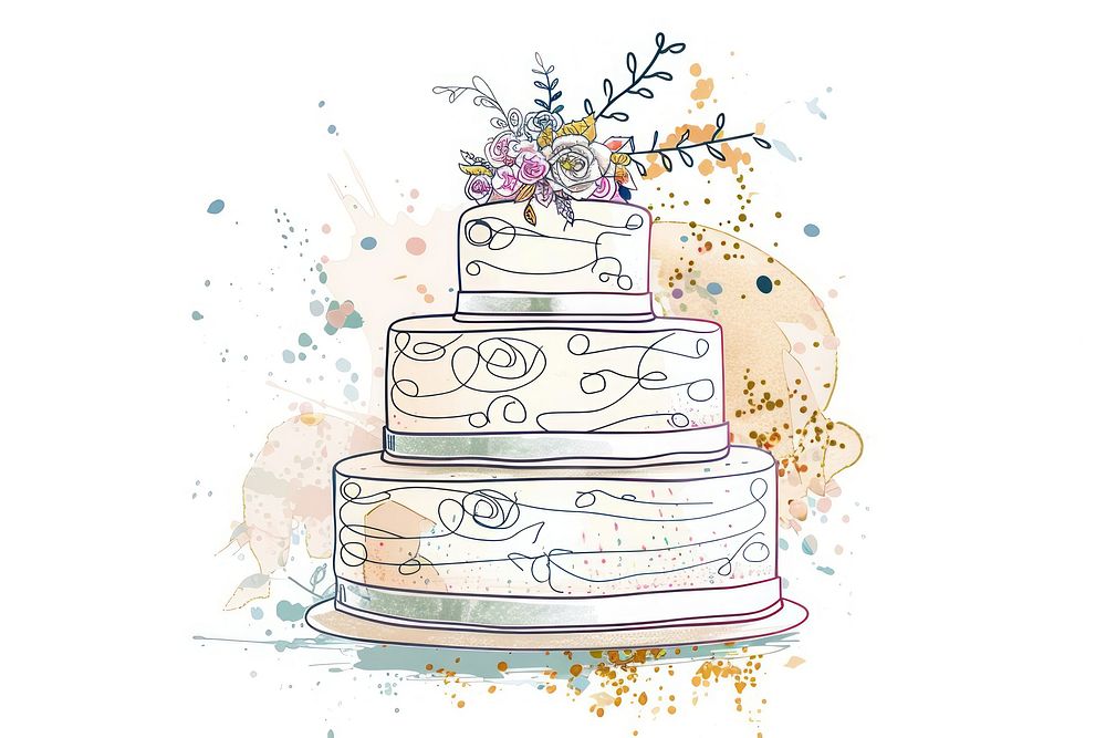 Continuous line drawing wedding cake dessert food celebration.