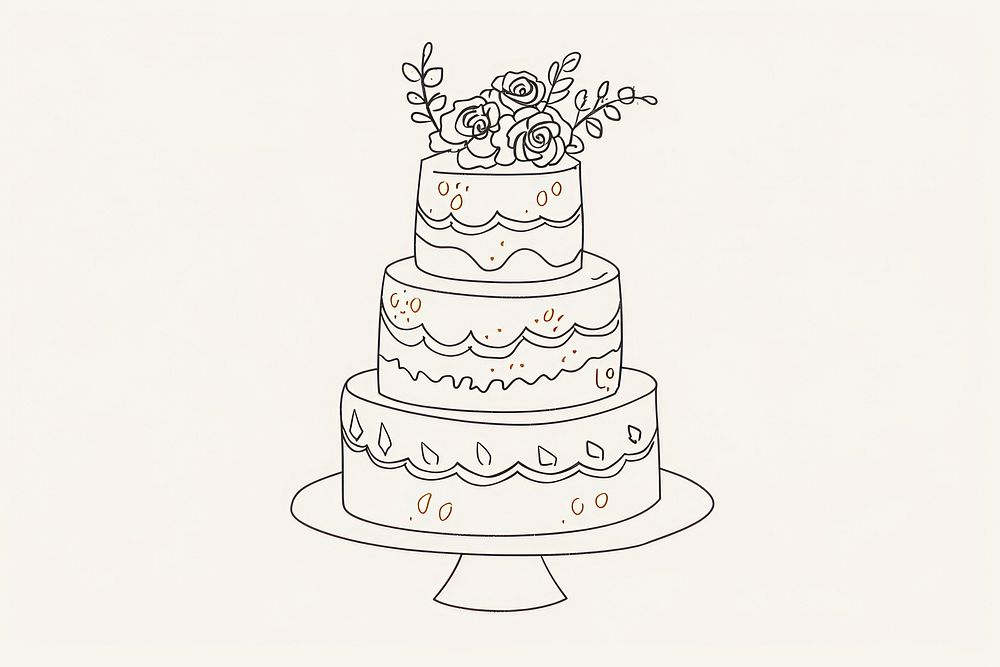 Continuous line drawing wedding cake dessert doodle food.
