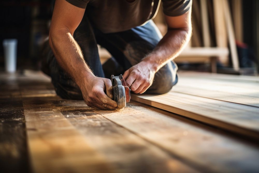 Carpenter making wooden flooring diy craftsperson construction.