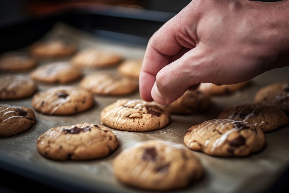 Hand making cookies food sprinkling chocolate.