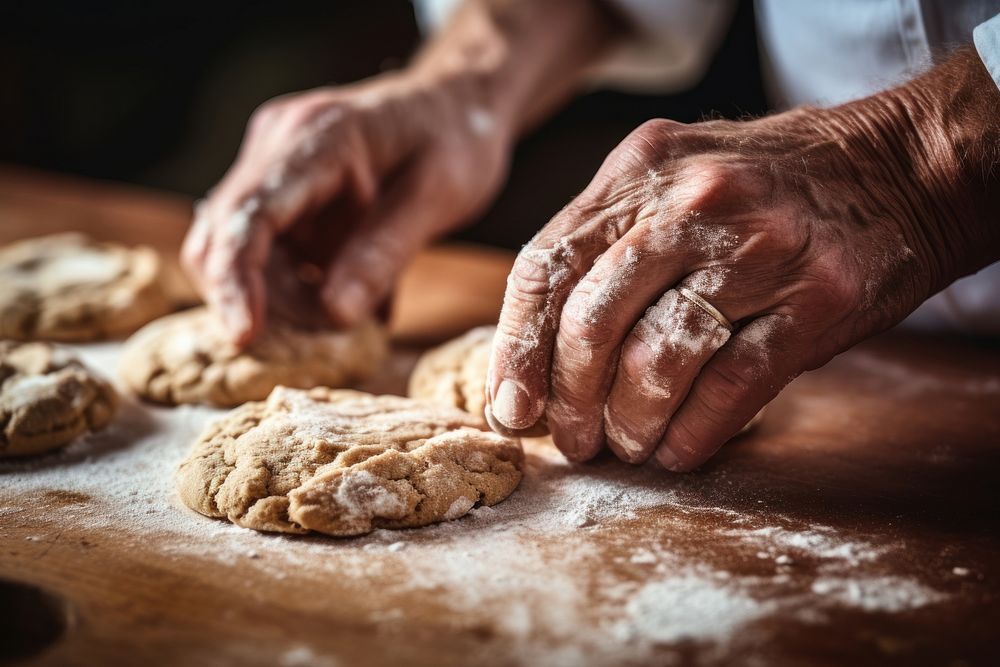Hand making cookies cooking bread food.