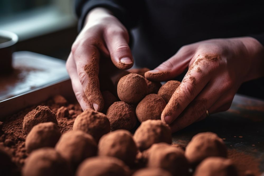 Hand making chocolate truffles adult food ingredient.
