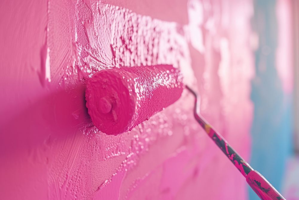 Paint roller and painting wall backgrounds purple pink.