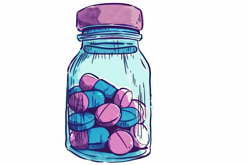 Hand-drawn bottle of medicine pills jar container drinkware.