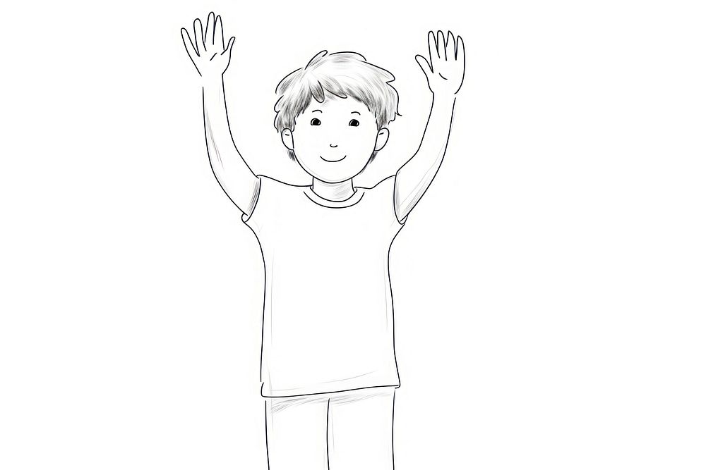 Boy waving hand drawing sketch art.