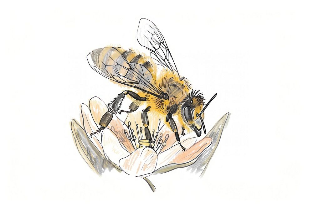 Hand-drawn sketch bee on flower animal insect hornet.