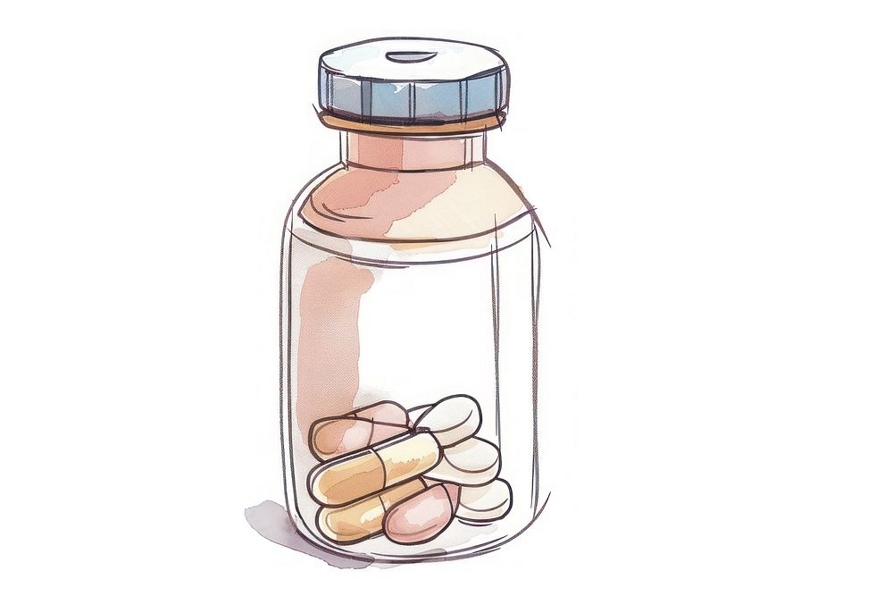 Hand-drawn sketch bottle of medicine pills jar medication container.