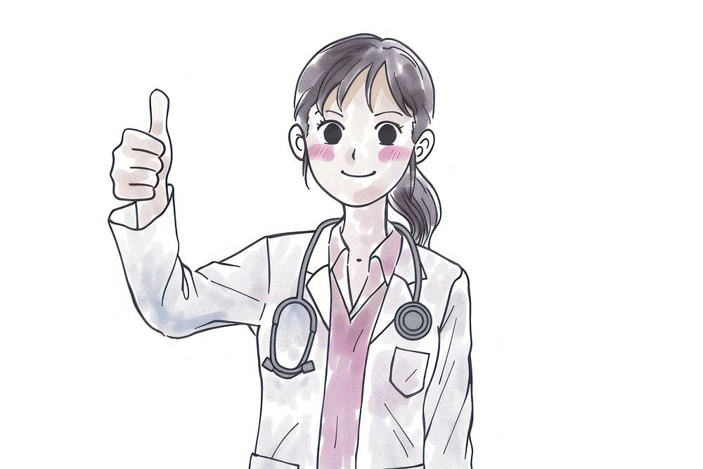Hand-drawn sketch doctor showing thumb up drawing anime stethoscope.