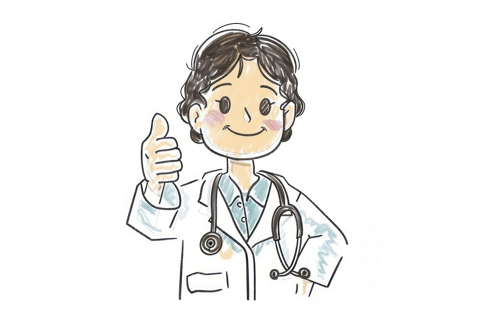 Hand-drawn sketch doctor showing thumb up drawing stethoscope illustrated.