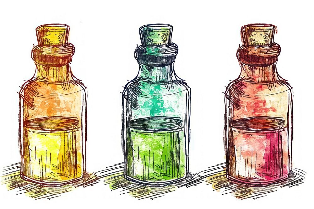 Hand-drawn sketch essential oils bottle glass creativity.
