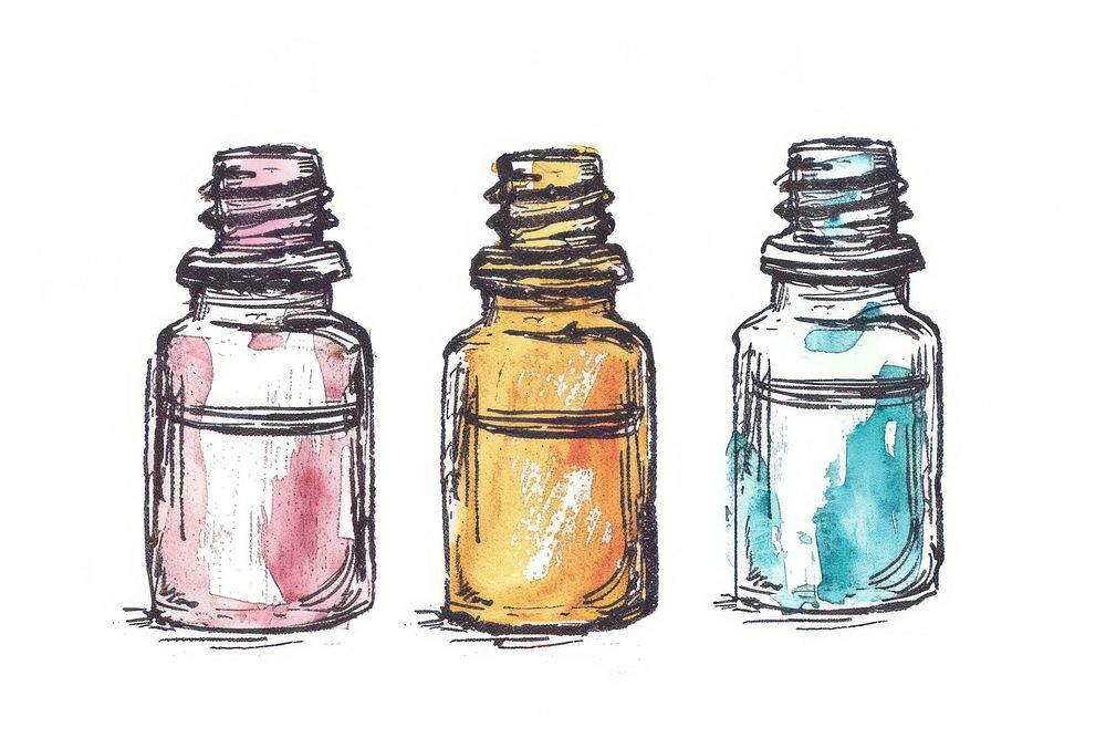 Hand-drawn sketch essential oils bottle glass jar.