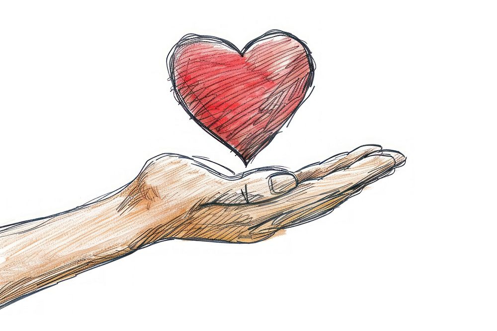 Hand-drawn sketch hand holding heart drawing illustrated creativity.