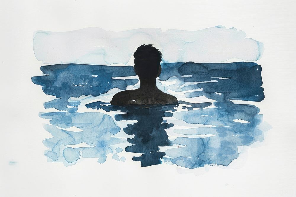 Monochromatic man swimming at pool painting silhouette art.