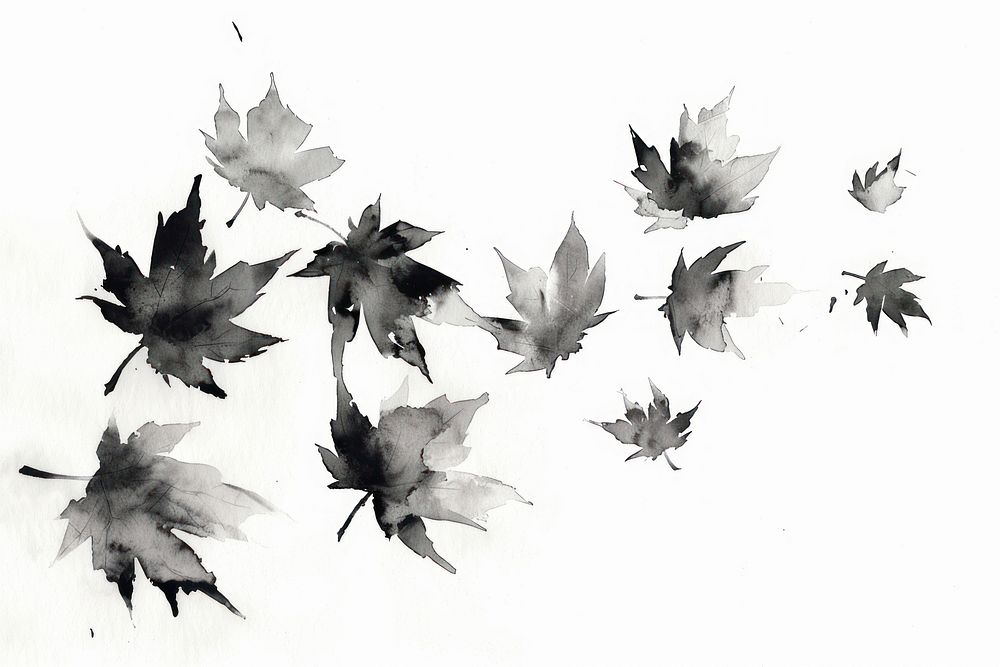Monochromatic maple leaves flying plant white paper.