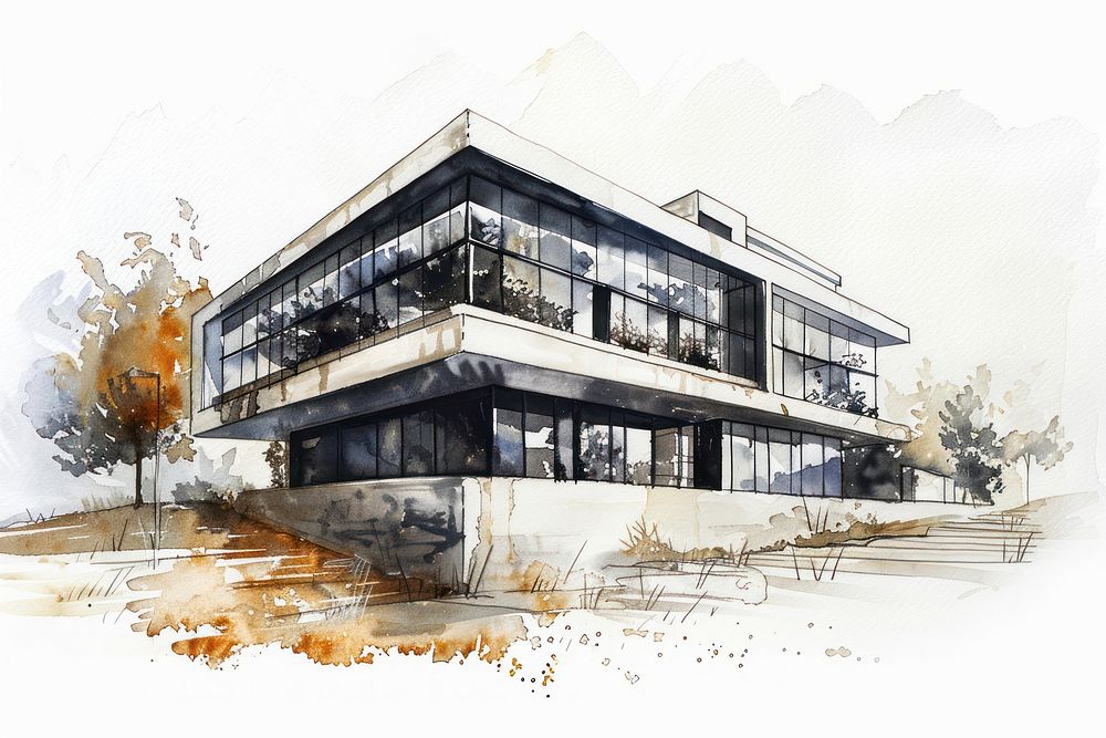 Monochromatic modern building architecture drawing sketch.