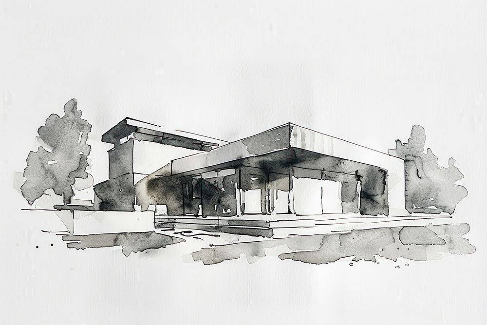 Monochromatic modern building drawing sketch paper.