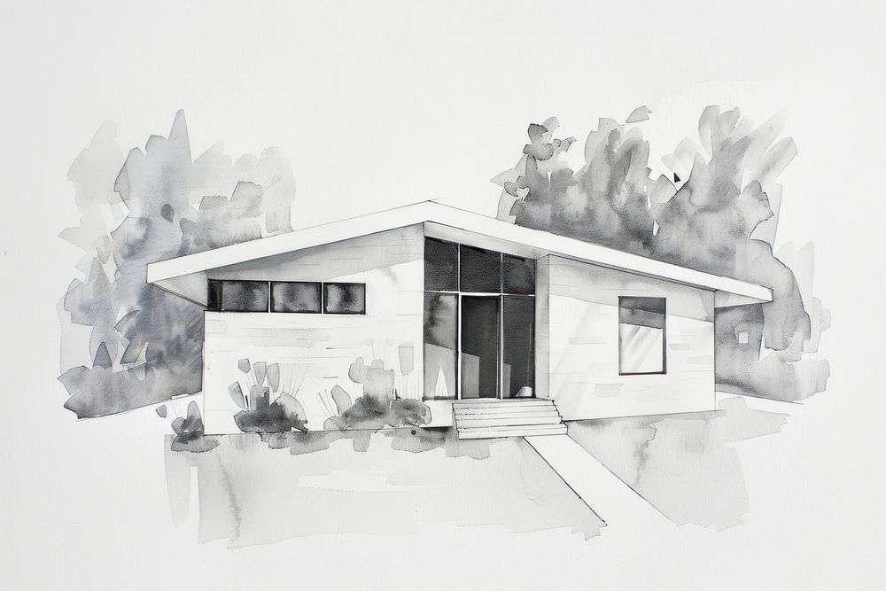 Monochromatic modern house architecture building drawing.