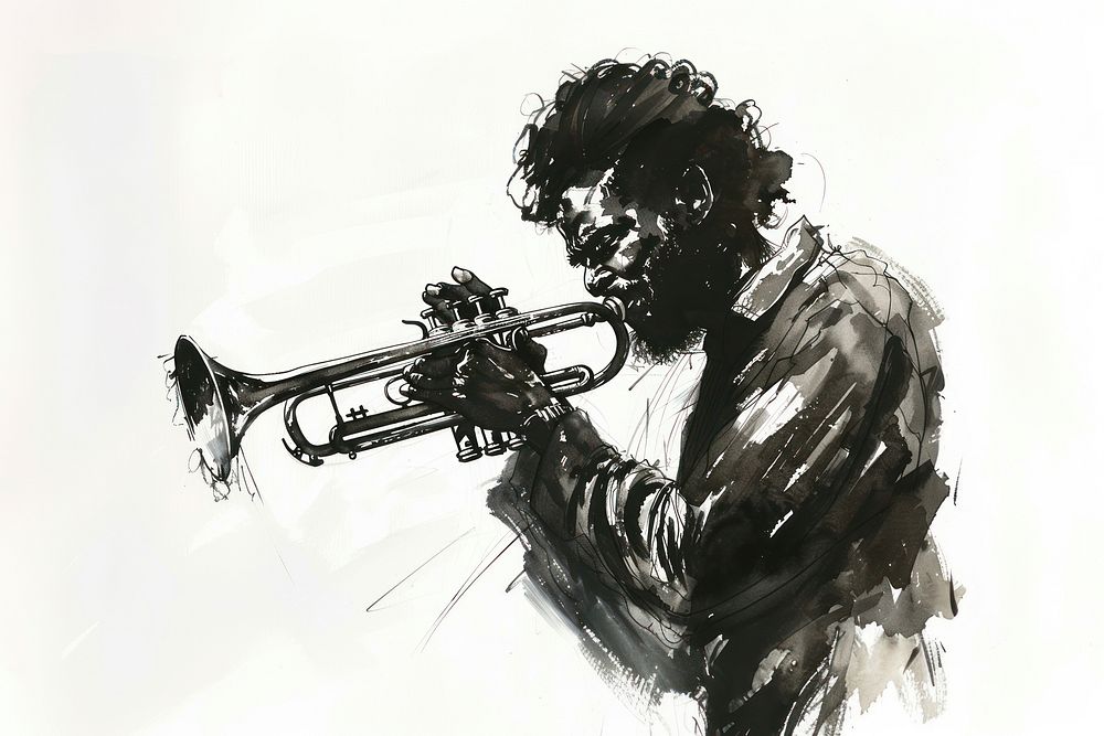 Monochromatic african american musician playing trumpet painting paper adult.