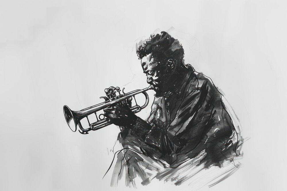 Monochromatic african american musician playing trumpet painting drawing sketch.