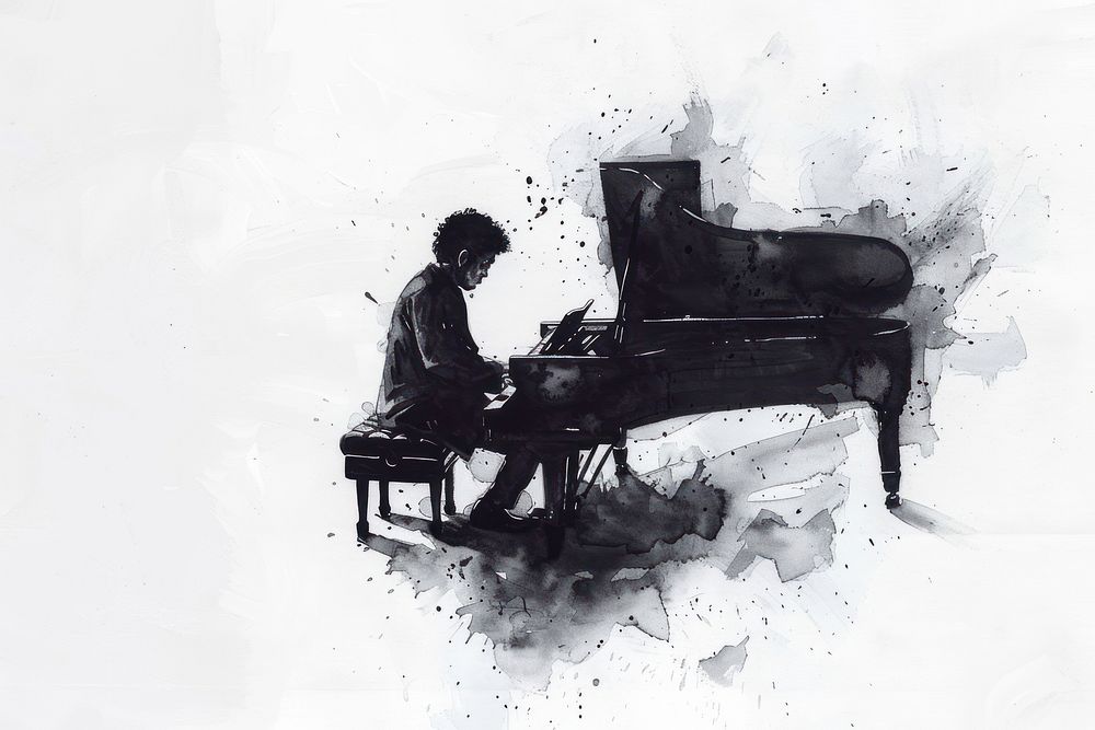 Monochromatic asian musician playing piano keyboard pianist paper.