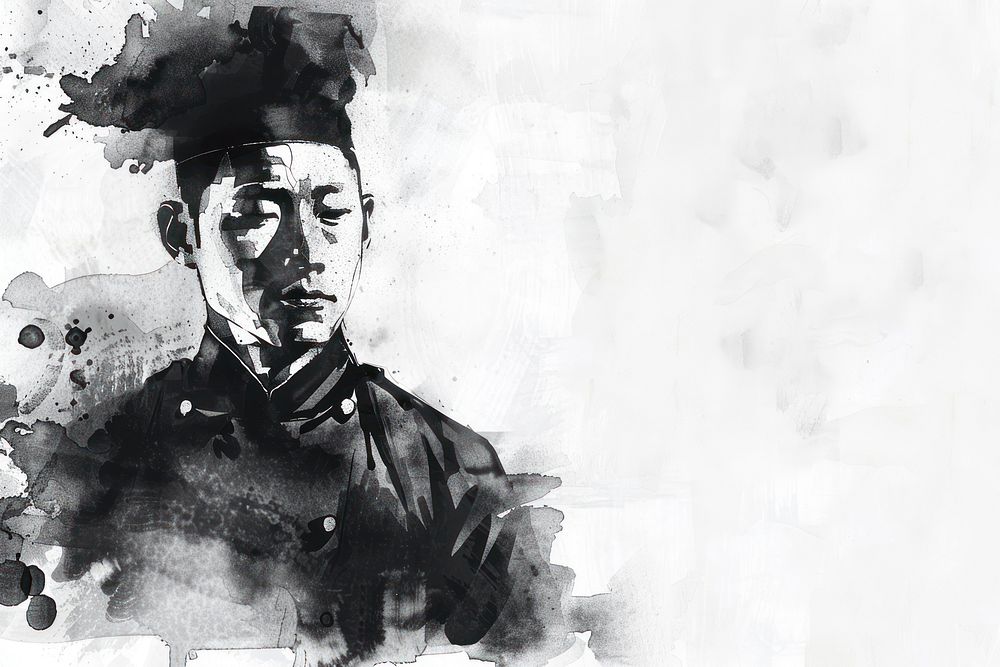 Monochromatic asian chef painting portrait adult.