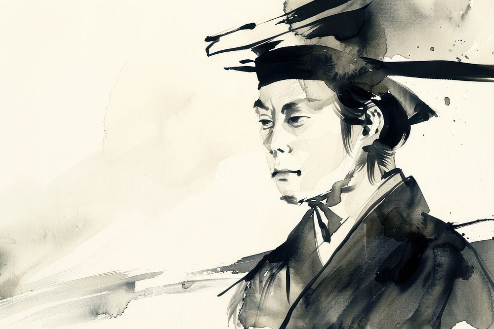 Monochromatic asian chef painting portrait drawing.