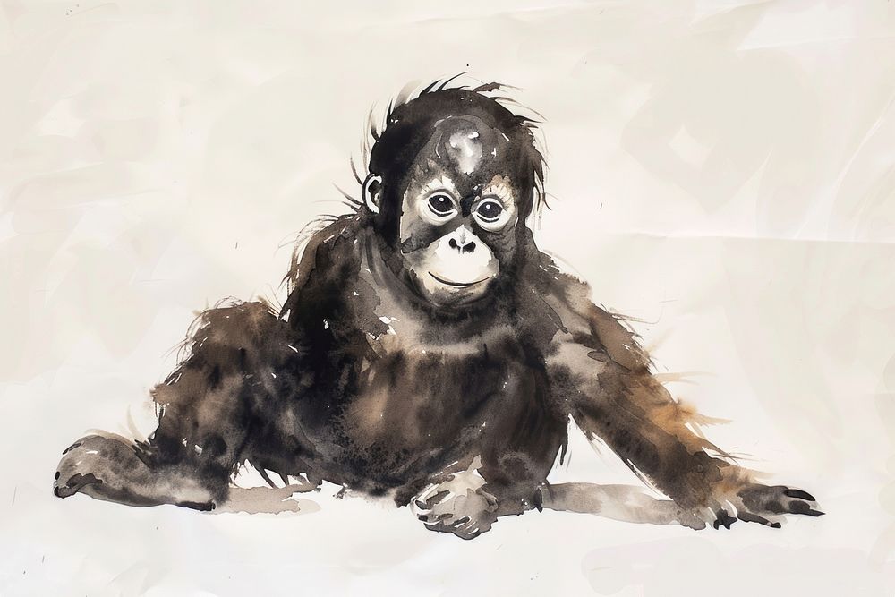 Monochromatic baby orangutan ape wildlife painting.