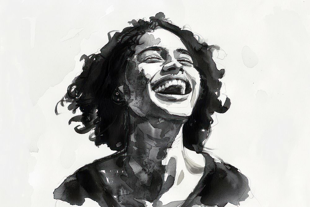 Monochromatic cheerful Moroccan woman laughing portrait painting drawing.