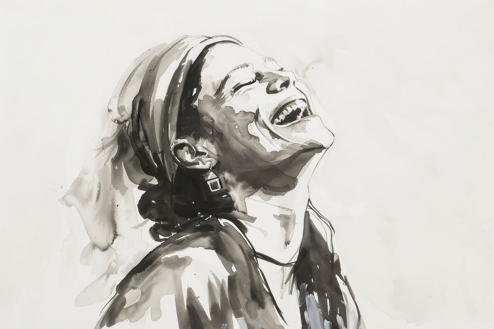 Monochromatic cheerful Moroccan woman laughing portrait painting drawing.