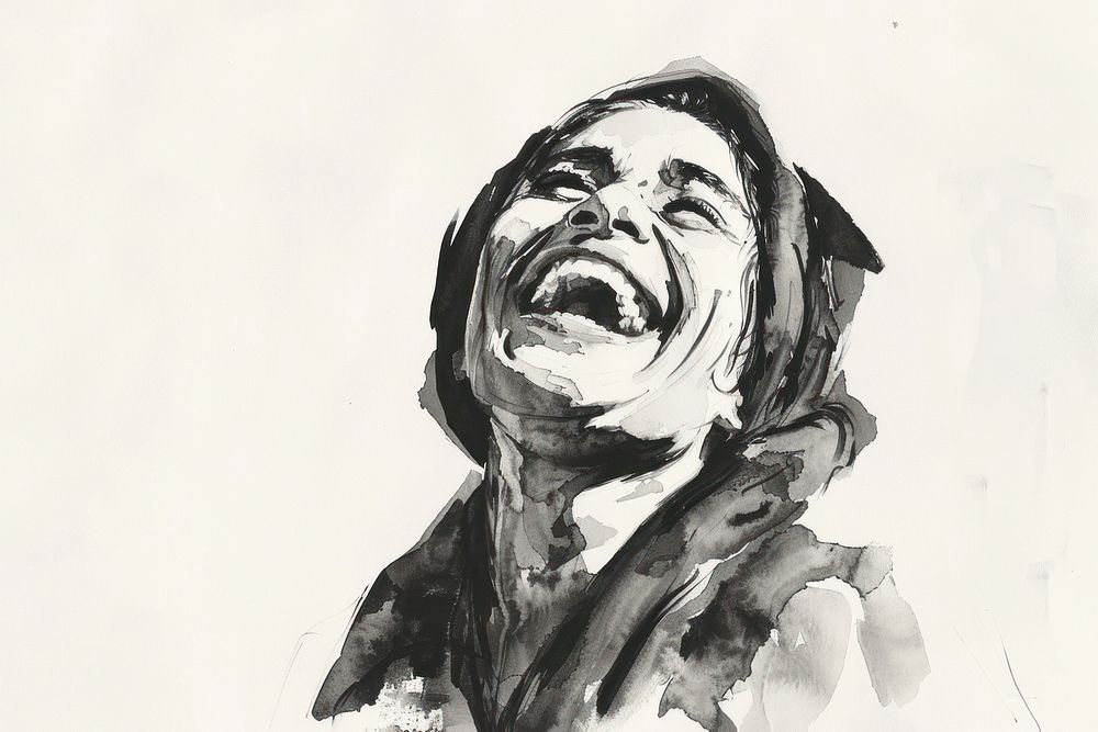 Monochromatic cheerful Moroccan woman laughing painting portrait drawing.