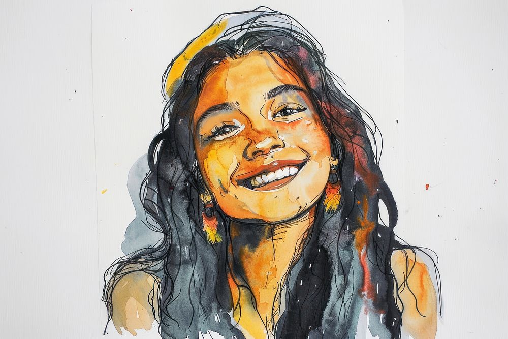 Monochromatic cheerful Colombian woman painting portrait drawing.