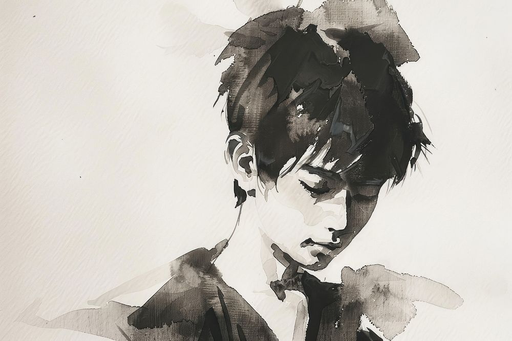 Monochromatic chinese boy portrait painting drawing.