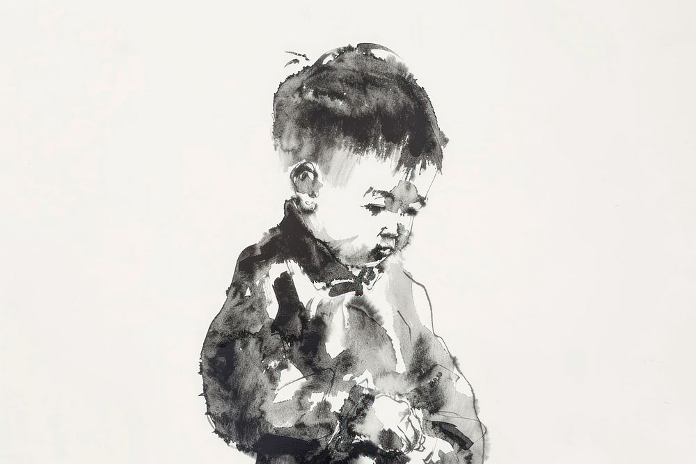 Monochromatic chinese boy portrait drawing sketch.