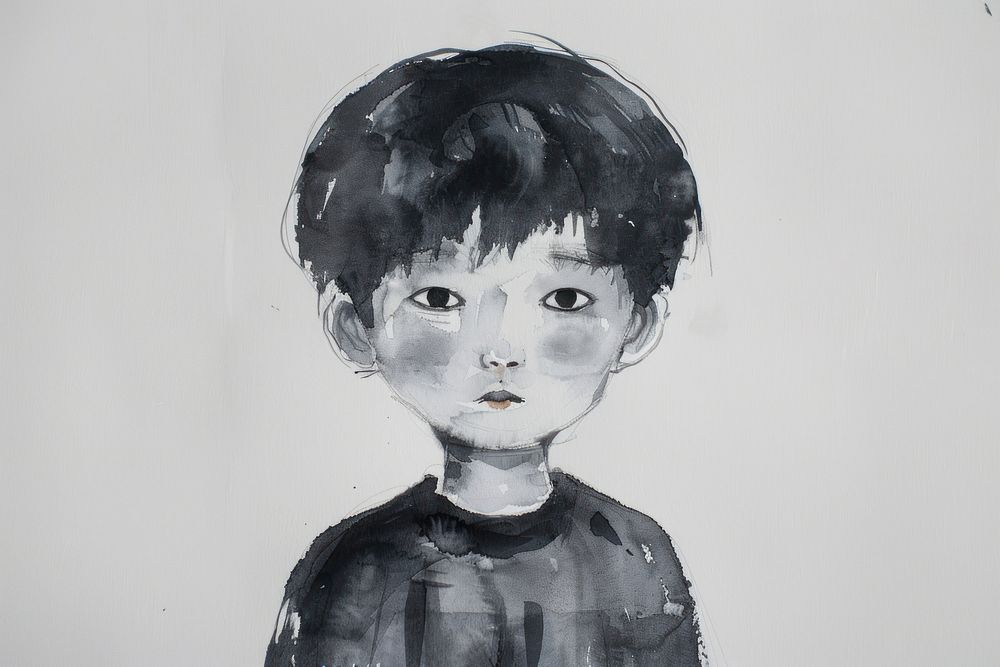 Monochromatic chinese boy painting portrait drawing.