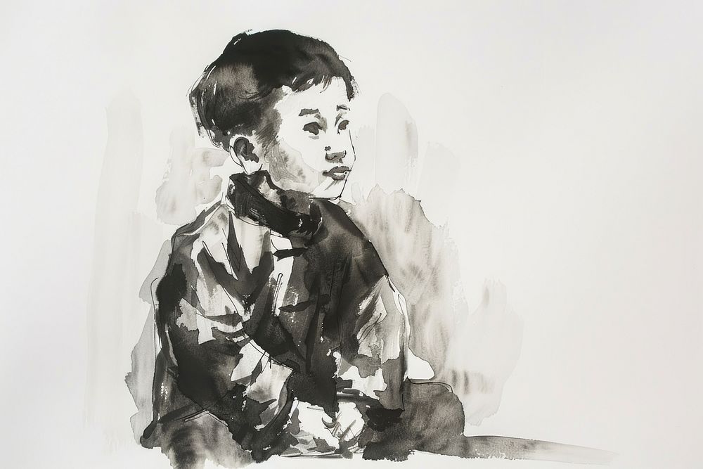 Monochromatic chinese boy painting portrait drawing.