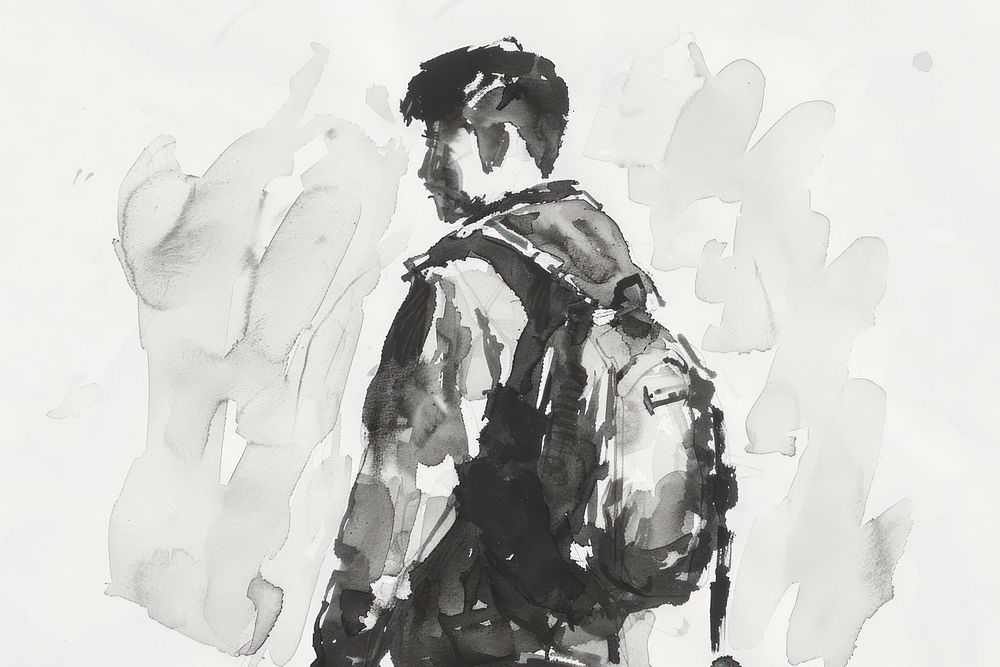 Monochromatic chinese man wearing backpack painting drawing sketch.