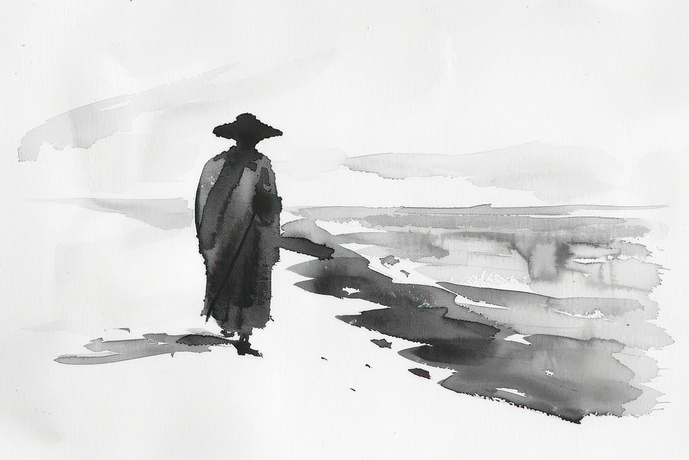 Monochromatic chinese man at beach painting drawing sketch.