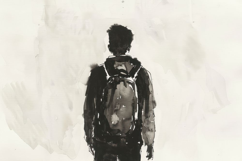 Monochromatic chinese man wearing backpack painting backpacking creativity.