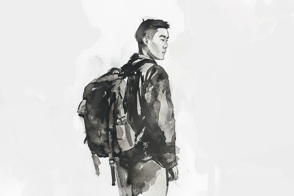Monochromatic chinese man wearing backpack portrait painting drawing.