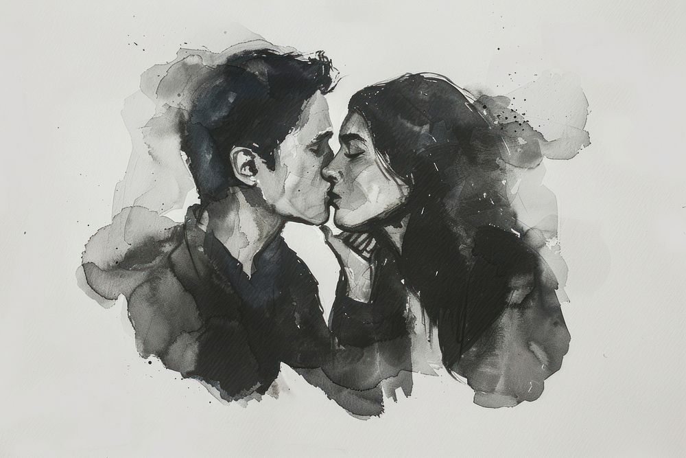 Monochromatic Couple whispering in the ear painting drawing kissing.