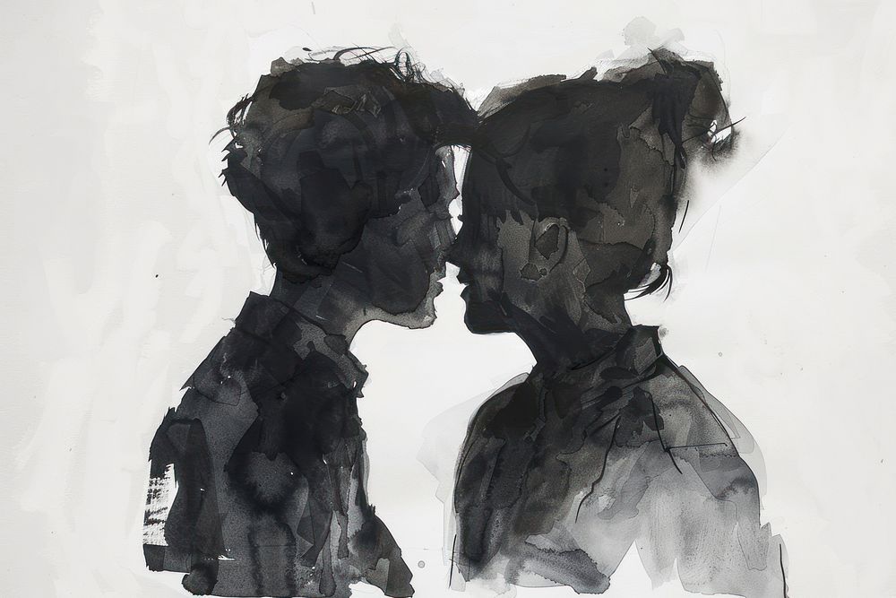 Monochromatic Couple whispering in the ear painting silhouette drawing.