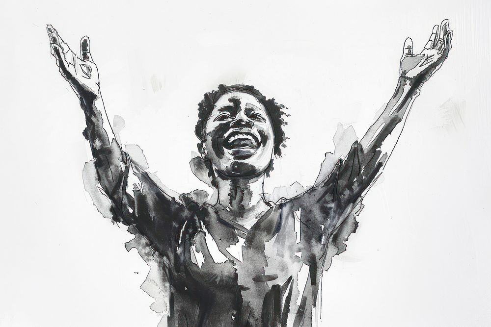 Monochromatic excited african american woman raised her hands up painting drawing sketch.
